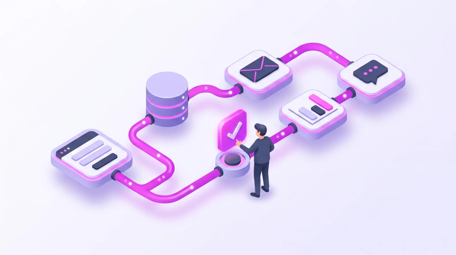 Illustration of an automated marketing workflow: a web form, a CRM database, email, a reporting dashboard and a chat inbox joined by flowing pipelines, with one person approving work at a checkpoint in the middle.