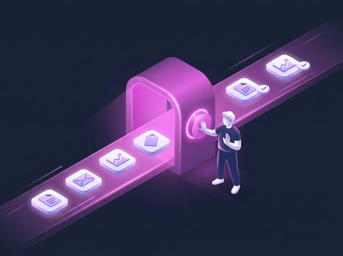Illustration of a person standing at an approval gate on an automated conveyor: documents, emails, reports and prices wait at the gate, and only the ones the person approves carry on.